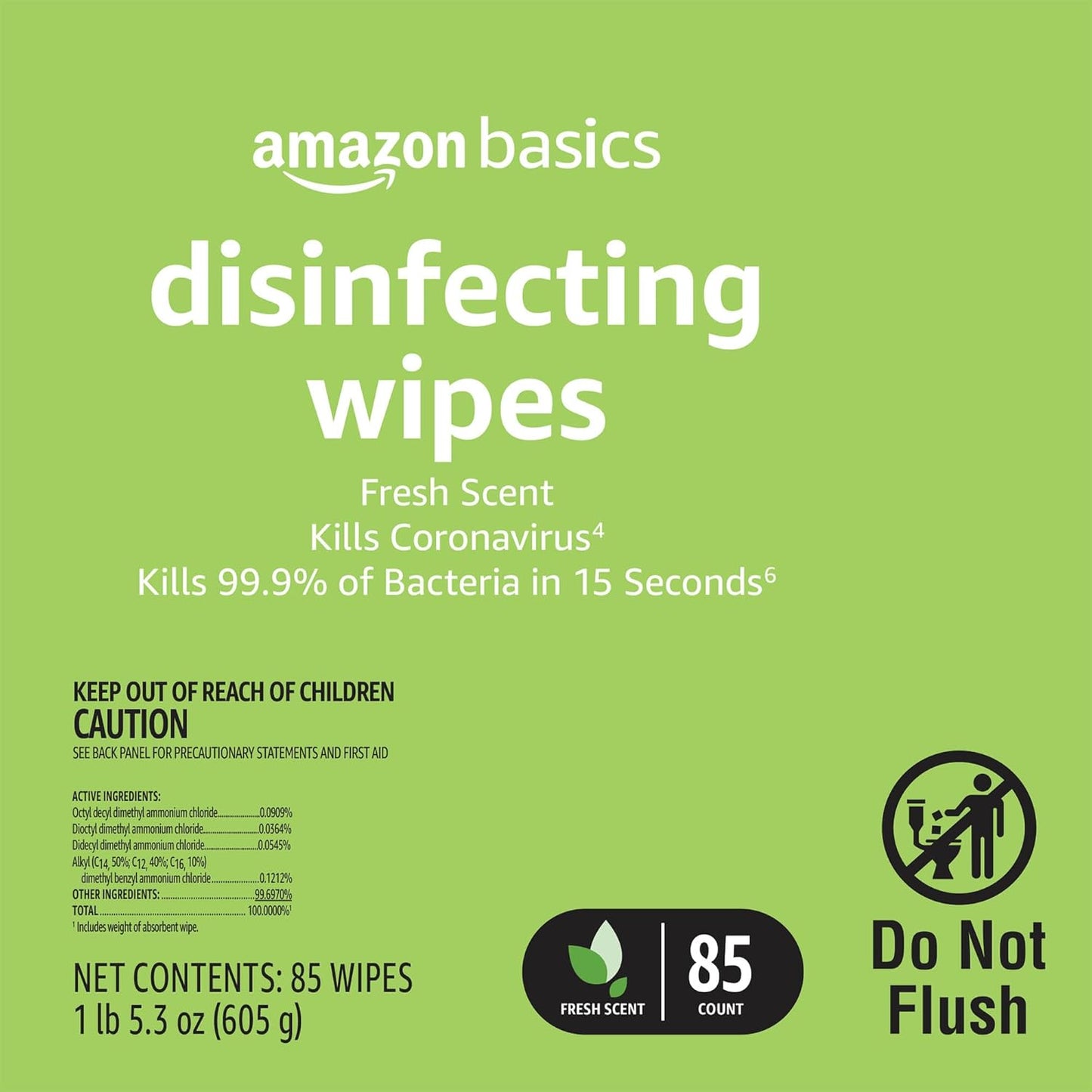 Amazon Basics Wipes, Lemon & Fresh Scent, Sanitizes, Cleans & Deodorizes, 255 Count (3 Packs of 85)