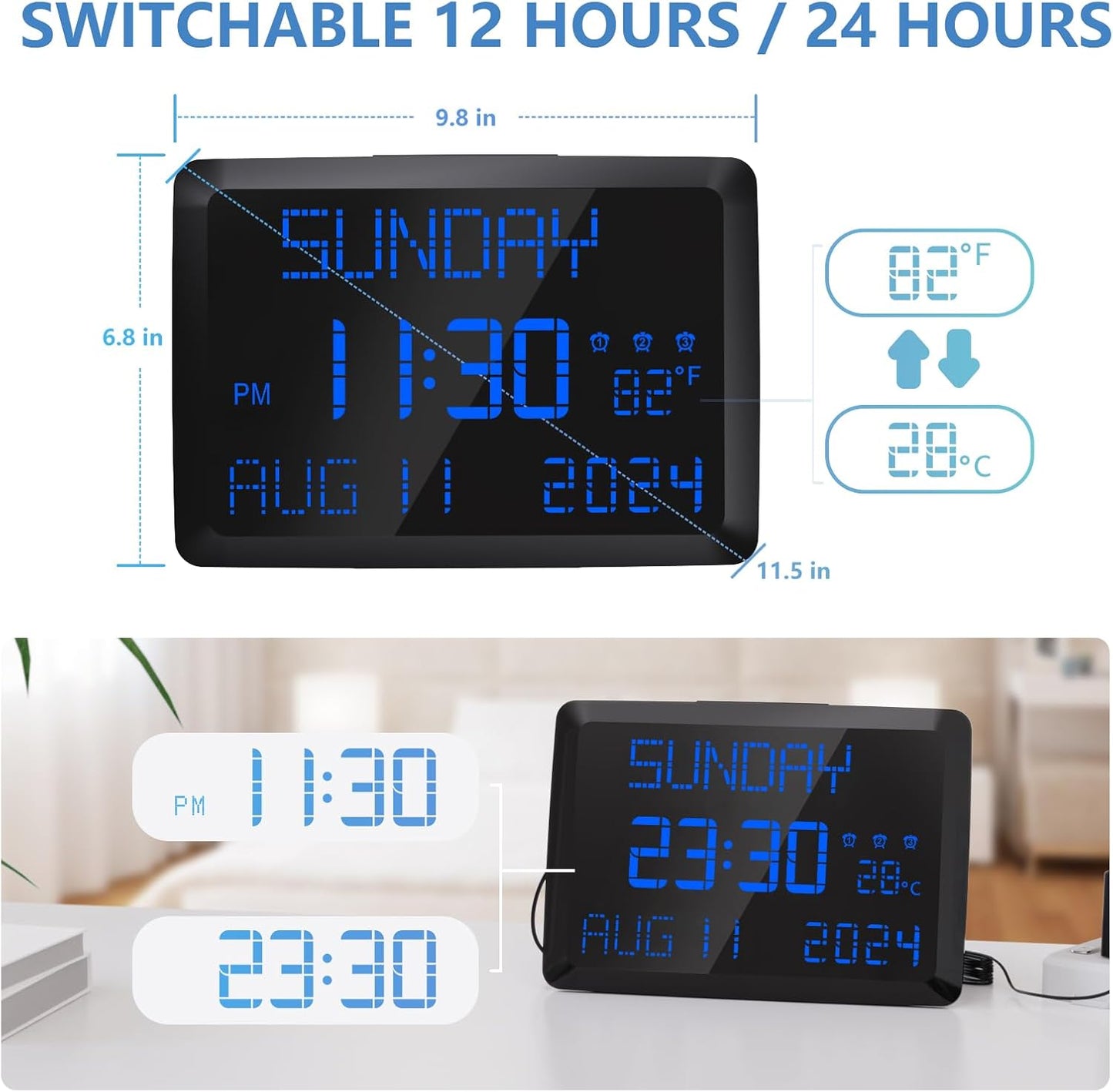 Raynic Digital Clock, 11.5" Large Display Calendar Clock with Day and Date, Indoor Temperature, Adjustable Brightness, Snooze,12/24H, DST for Home, Office, Elderly
