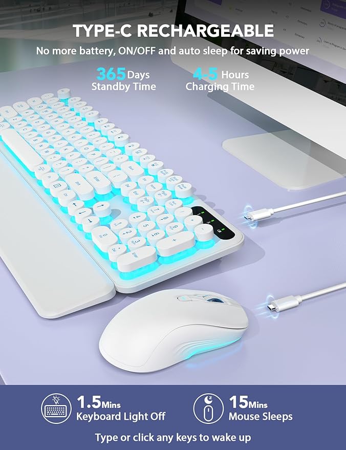 Wireless Keyboard and Mouse Backlit - Typewriter Keyboard with Retro Round Keycaps, Detachable Wrist Rest, Light Up Letters, 2.4G Rechargeable Combo for Mac, Windows, PC, Laptop, Trueque (White)