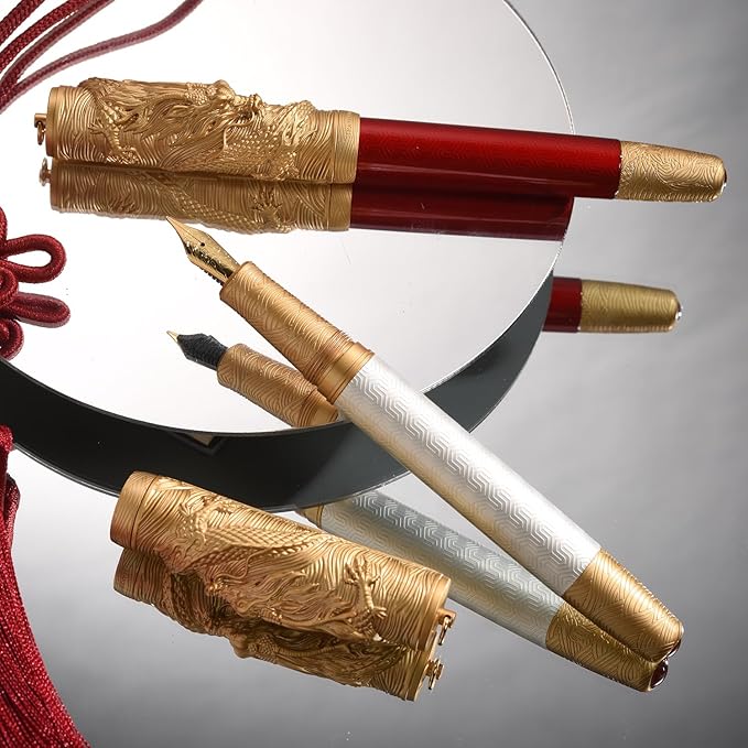 Hongdian A24 Fountain Pen Fine Nib, Bright Red & Golden Dragon Stereoscopic Carving Cap Design