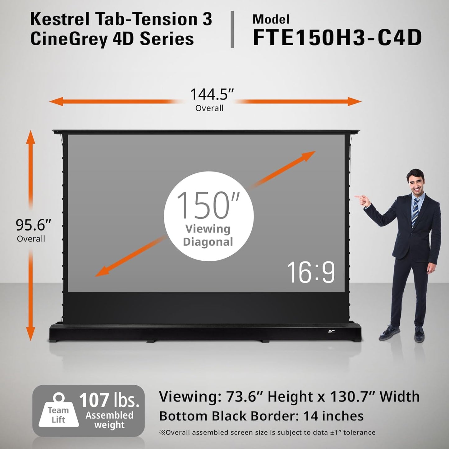 Elite Screens Kestrel Tab-Tension 3 CineGrey 4D, 150 inch 16:9, Standard Throw ISF Ceiling Ambient Light Rejecting (CLR/ALR) Electric Floor-Rising Projector Screen, Programmed Remote Kit, FTE150H3-C4D