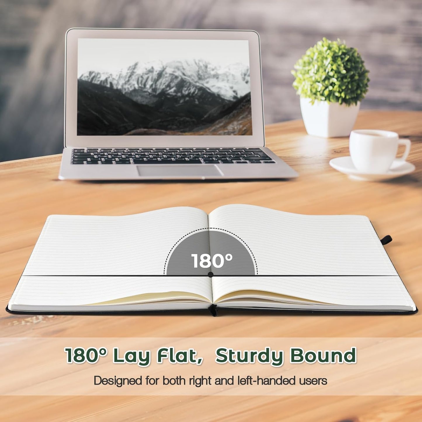 College Ruled Notebook, A4 Hardcover Leather Notebook for Work, Lined Notebook Journal for Women, Men, 192 Thick Paper, Lay Flat, Large Notebook with 2 Pockets, Professional Business Notebook, Green