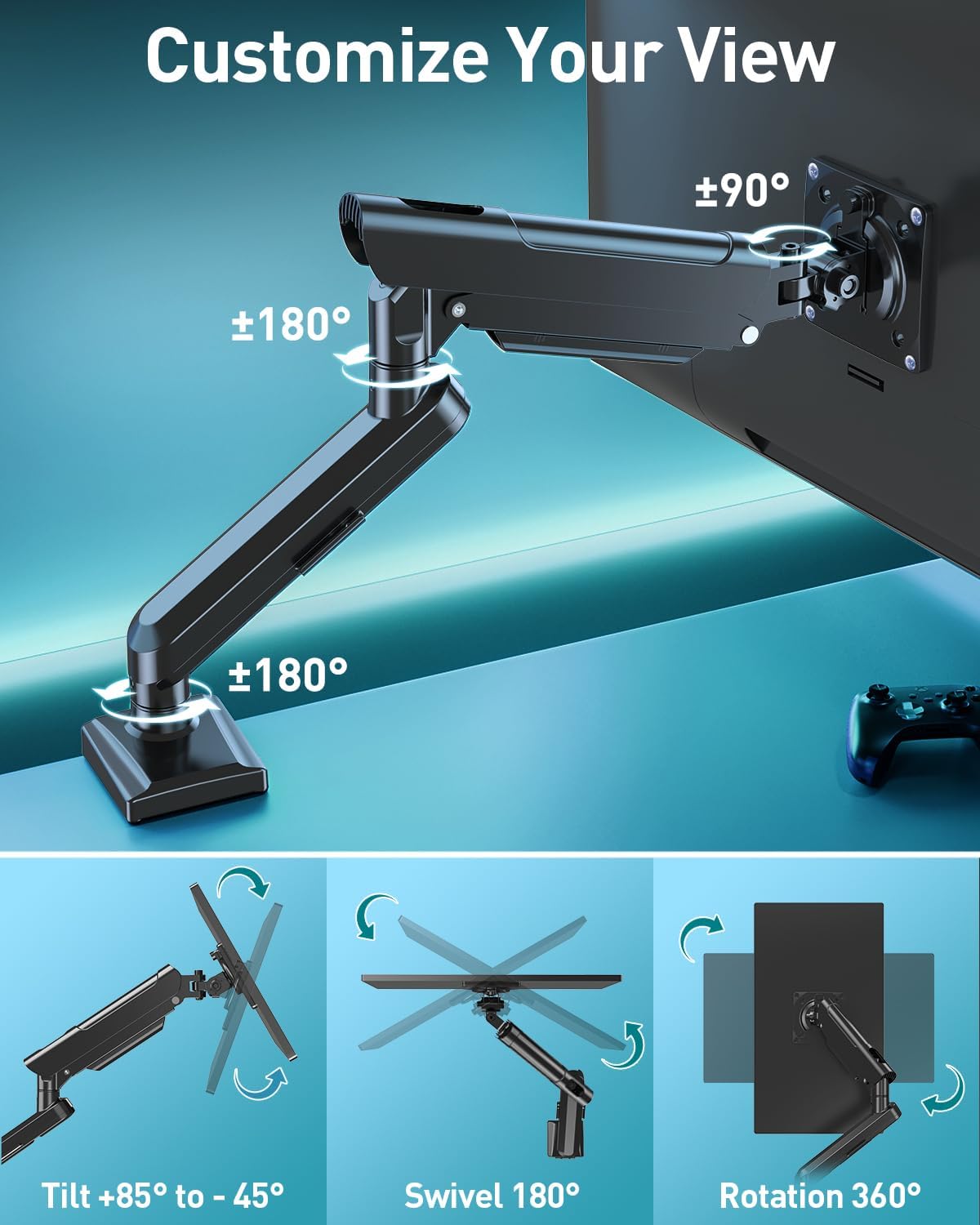 Single Monitor Desk Mount, 13-32 inch Adjustable Gas Spring Monitor Arm, Computer Monitor Stand Holder with Clamp and Grommet Base, Fits 4.4 to 22lbs Screens, VESA Mount Bracket, Black, Freelift Pro