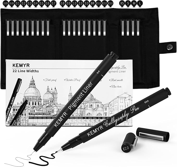 Micro Fine liner Drawing Art Pens Calligraphy Pens: 22 Size Art supplies Waterproof Archival Black Ink Markers For Artists,Use for Professional Watercolor,Sketching,Anime,Manga,Zentangle