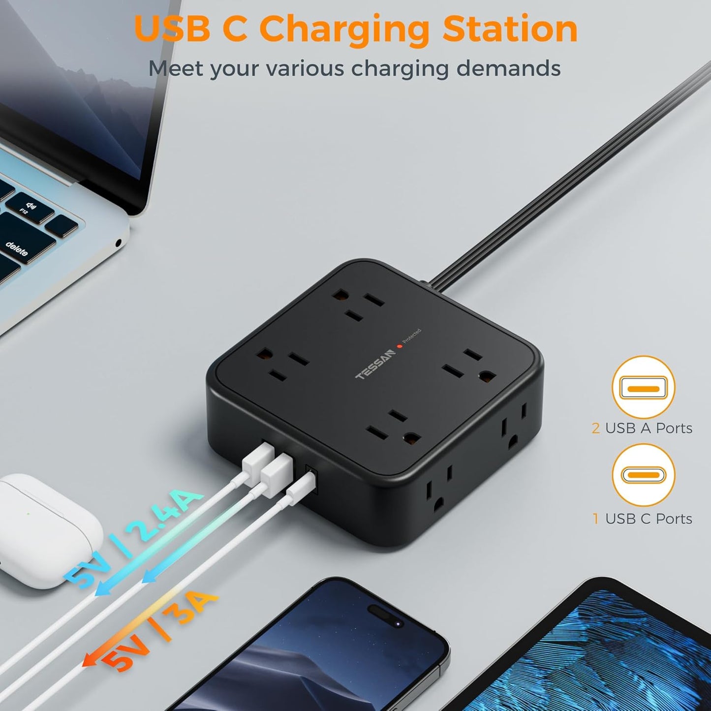 Surge Protector Flat Plug Power Strip, TESSAN Black Extension Cord, 8 AC Outlets, 3 USB Charger(1 USB C Port) 3 Side Outlet Extender, 5 Ft, 900 Joules Protection, Office Supplies, Dorm Essentials