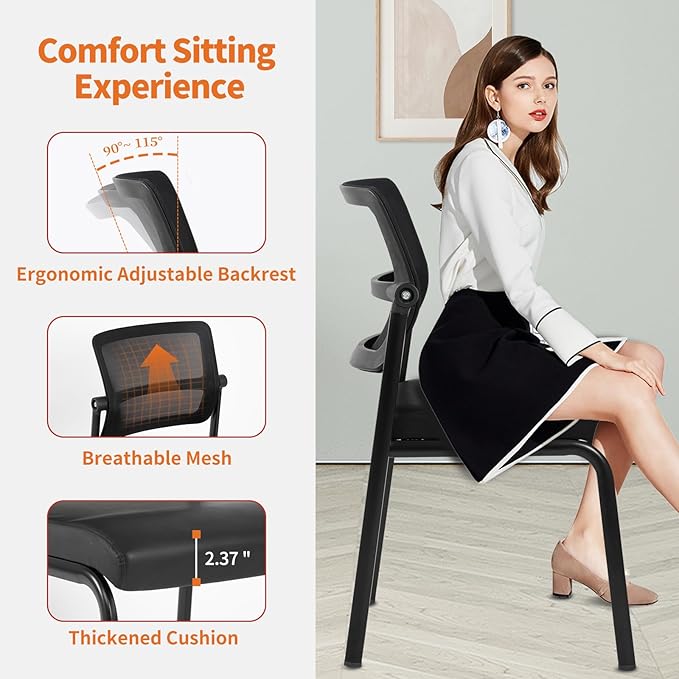 CLATINA Stackable Waiting Room Chair with Adjustable Mesh Backrest, Armless Office Guest Reception Chairs with Leather Cushion and Ergonomic Lumbar Support for Conference Lobby Side School, Black