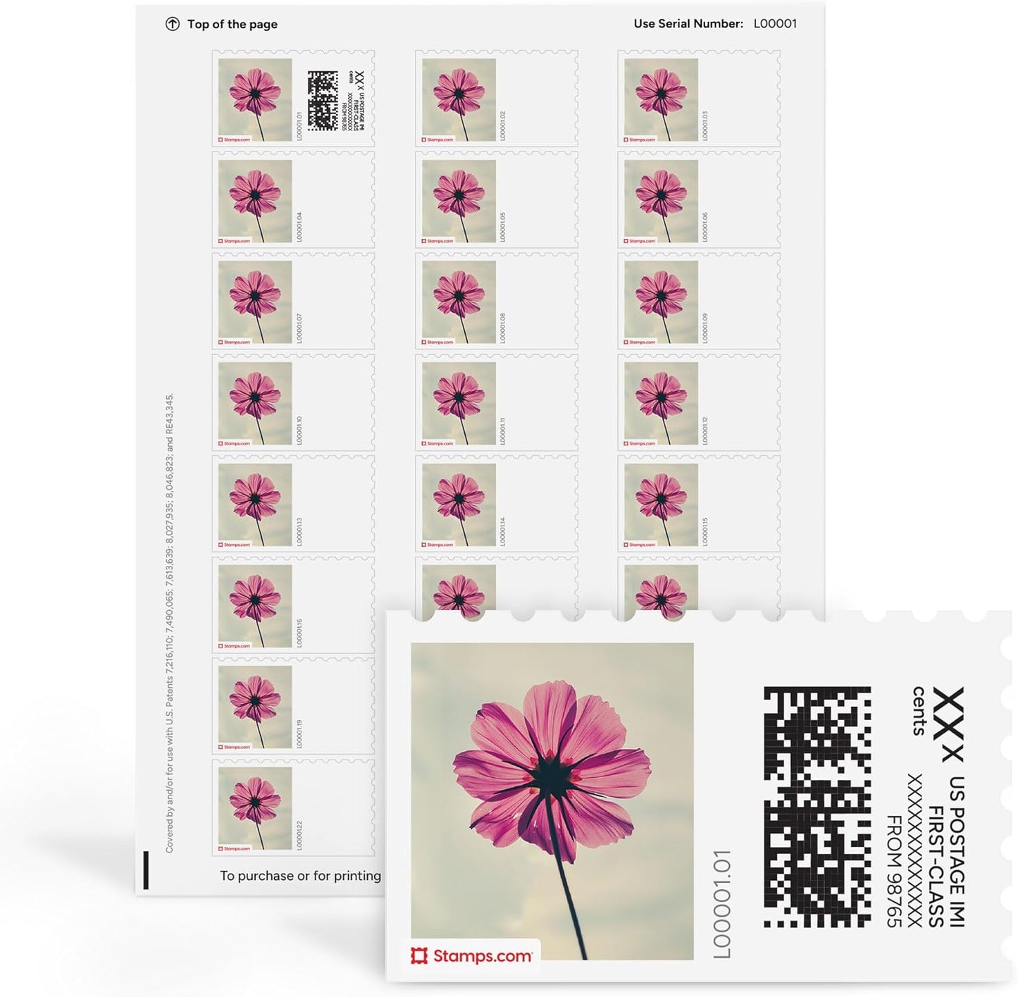 Pink Cosmos NetStamps 120-Pack (5 Sheets) Printable Postage Labels (Stamps.com Subscription Required) - Print Approved Postage - Inkjet & Laser Printers - Business, Personal, Home