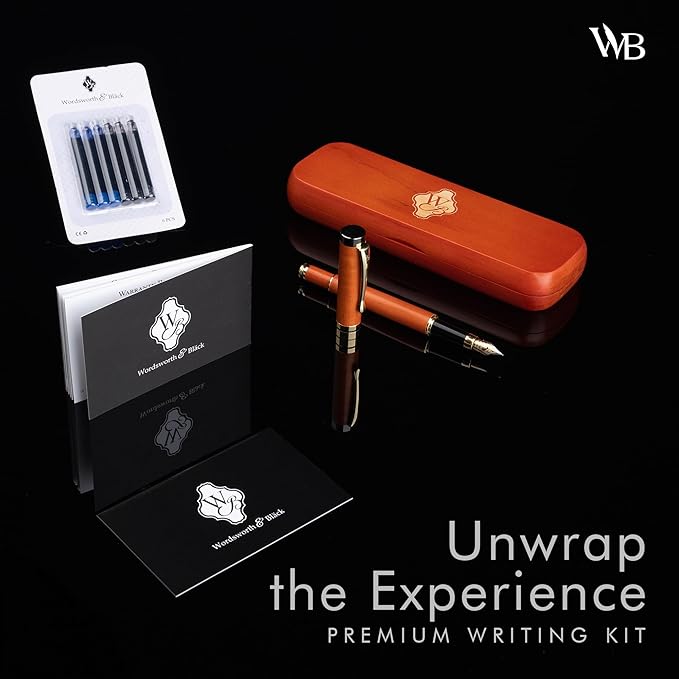 Wordsworth & Black Fountain Pen Set, Luxury Bamboo Wood - Fine Nib, Gift Case; Includes 6 Ink Cartridges, Ink Refill Converter -Journaling, Calligraphy; Drawing, Smooth Writing [Cherry Wood]