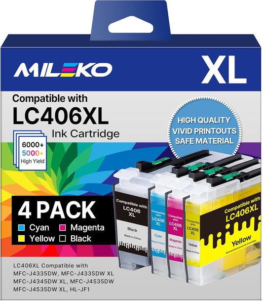 LC406 Ink Cartridges for Brother Printer Replacement for Brother LC406XL LC406 Ink Cartridges High Yield for Brother MFC-J4335DW MFC-J5855DW MFC-J6555DW MFC-J4535DW MFC-J6955DW MFC-J4345DW, 4 Pack