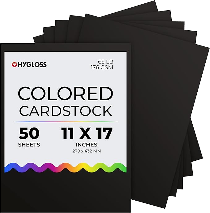 Hygloss Black Cardstock - 11x17-Inch, 50 Sheets, 65 lb/ 176 gsm, Fade-Resistant, Acid-Free Color Card Stock Paper