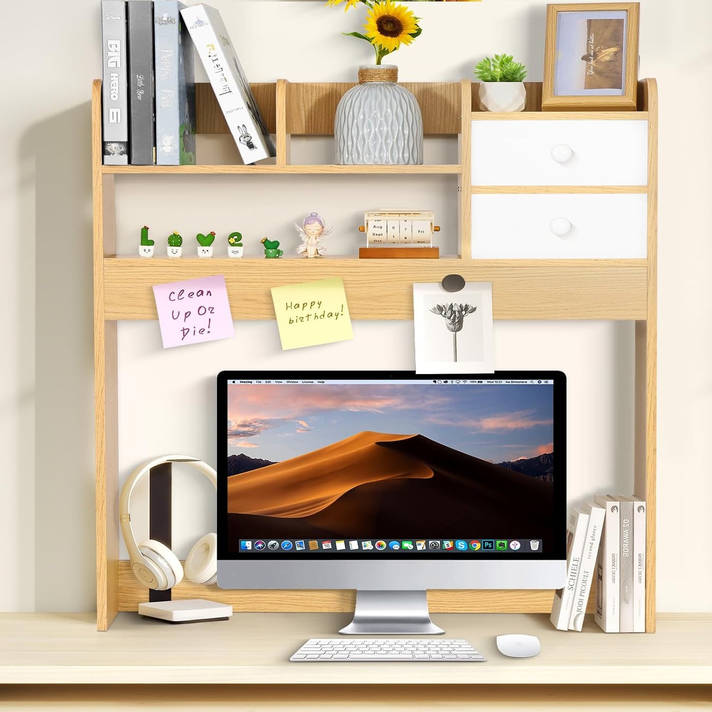 YGYQZ Wood Desk Shelf Organizer, Desk Hutch Top Only, Book Shelf for Comuputer Display Rack Storage Stand for Office, Home, Dorm