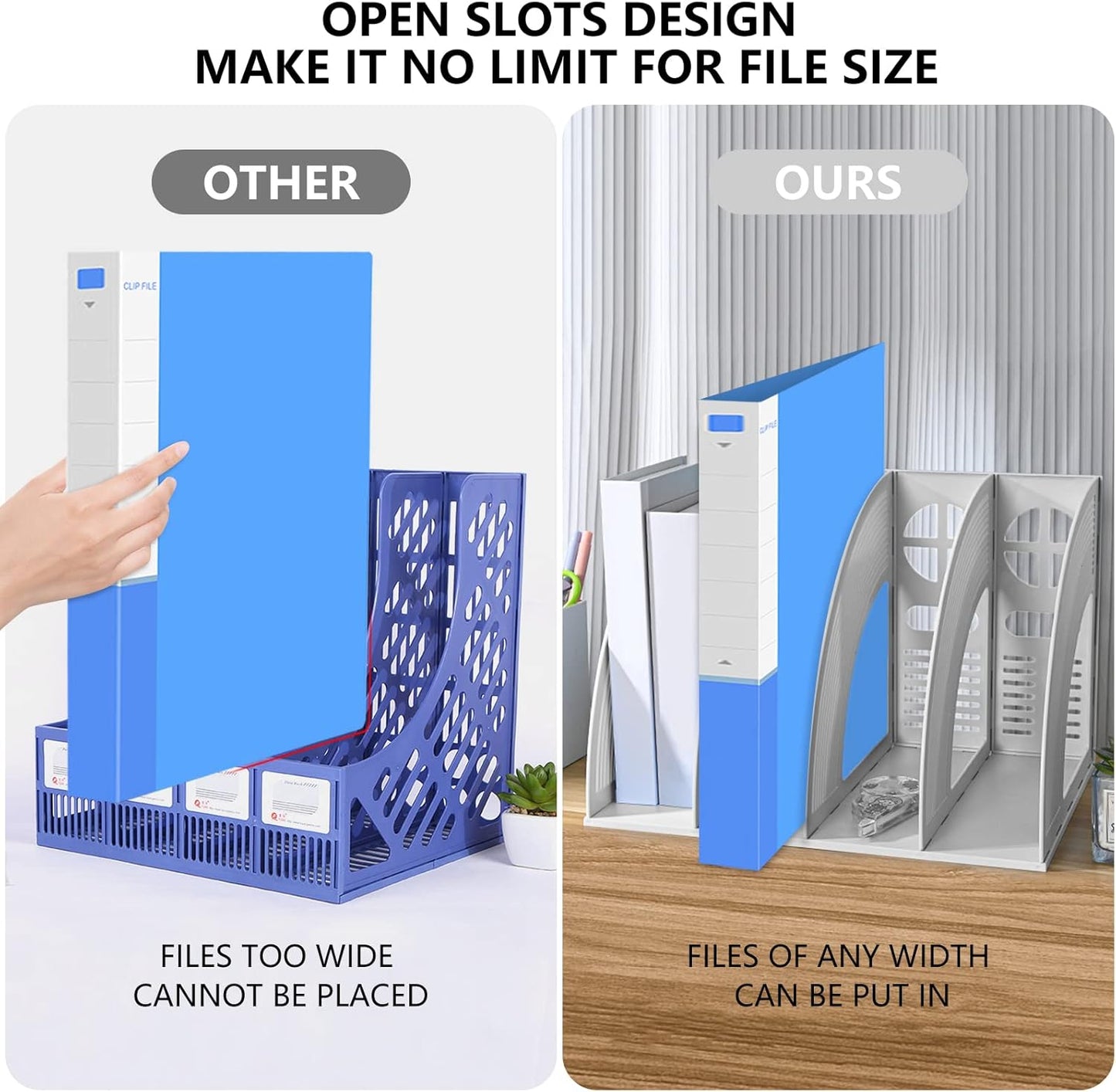 SAYEEC File Holder Storage Folder 4 Compartment Standing Desktop Hollow Organizer Files Shelf Plastic Notebook Magazine for Office School Home Supplier Students (Random Light Gray OR Blue)