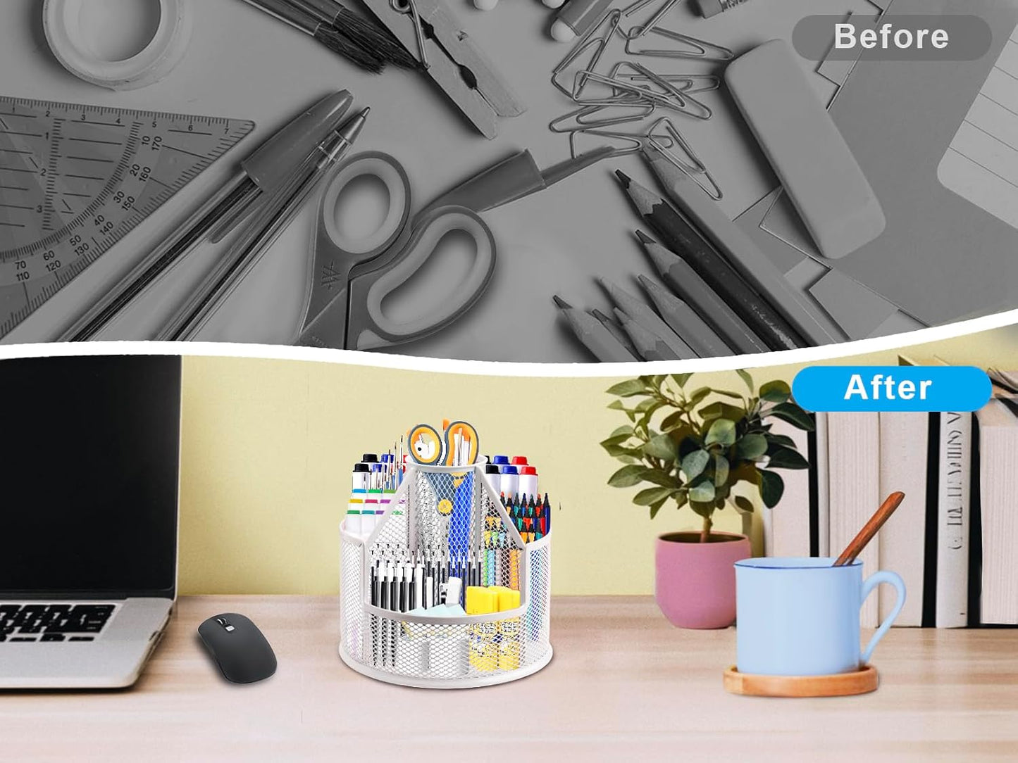Sturdy Rotating Pen Holder, Cute Metal Pencil Holder, Large Mesh Pen Organizer for Desk, Premium Friendly Office Desk Accessories & Workspace Organizers, White