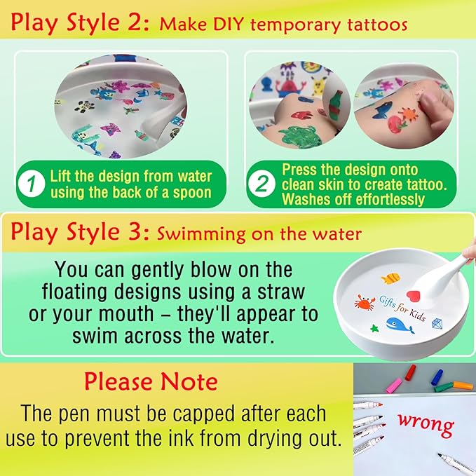 Kiddies Create Magical Floating Drawings Bundle, 12 Colors Magic Drawing Pens for Kids Water, Magical Water Painting Pen Set with Spoons & Towel, Water Art Markers for Tattoo, Gifts for Boys & Girls