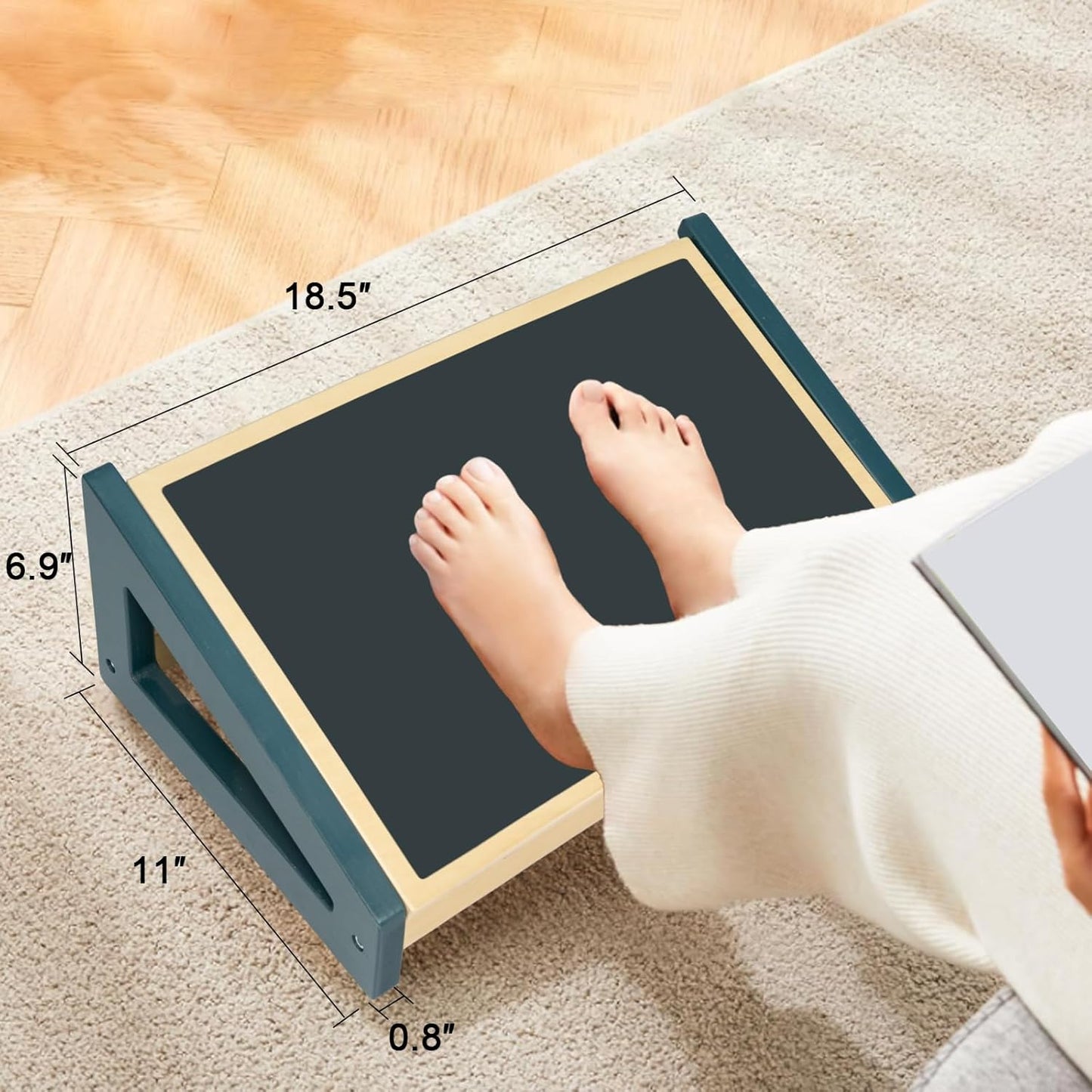 WOOD CITY Foot Rest for Under Desk at Work, 3 Heights Adjustable Footrest with Silicone Surface, 2in1 Foot Stool Improve Posture, Reduce Fatigue & Pain, Ideal for Home/Office/Gaming(Natural-Deep Blue)