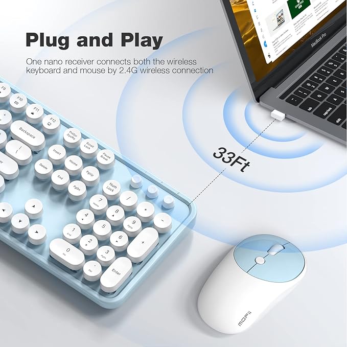 MOFII Wireless Keyboard and Mouse, Retro Full Size Typewriter Keyboard and 3 Adjustable DPI Mouse Combo for Windows 7/8/10, Laptop, Desktop, PC, Computer (Blue)