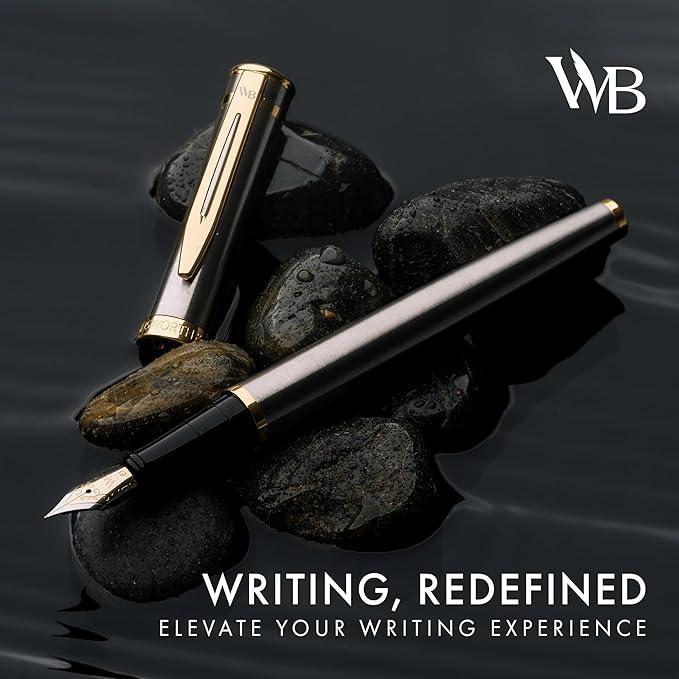 Wordsworth & Black Fountain Pen Set, 18K Gilded Medium Nib, Includes 24 Pack Ink Cartridges, Ink Refill Converter & Gift Pouch, Gold Finish, Calligraphy, [Silver Gold], Perfect for Men & Women