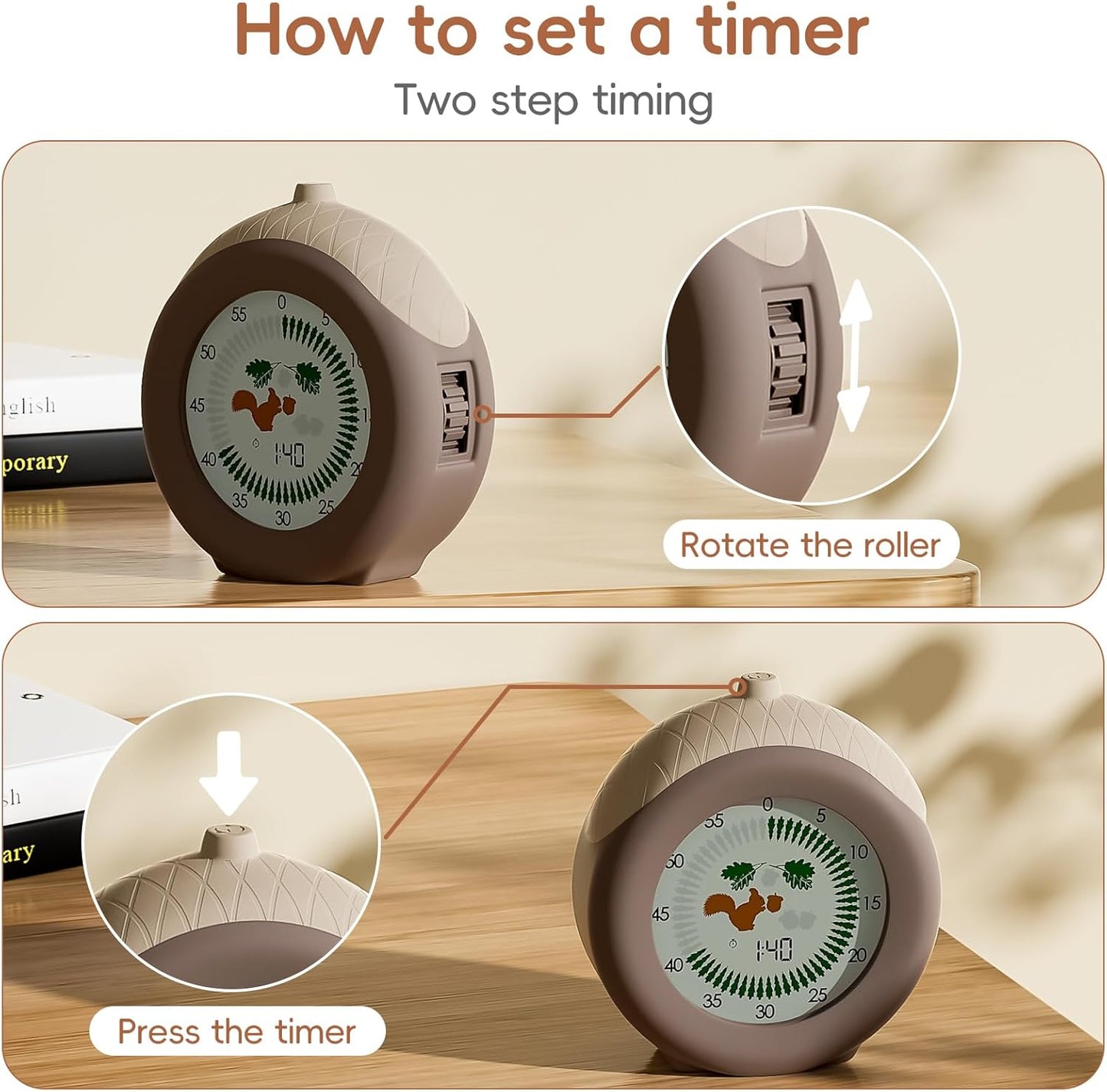 Digital Visual Timer for Kids with Protective Case, Hazelnut Theme 299 Minute Cute Squirrel Timer for Classroom Office Kitchen, Time Management Tools for ADHD Children