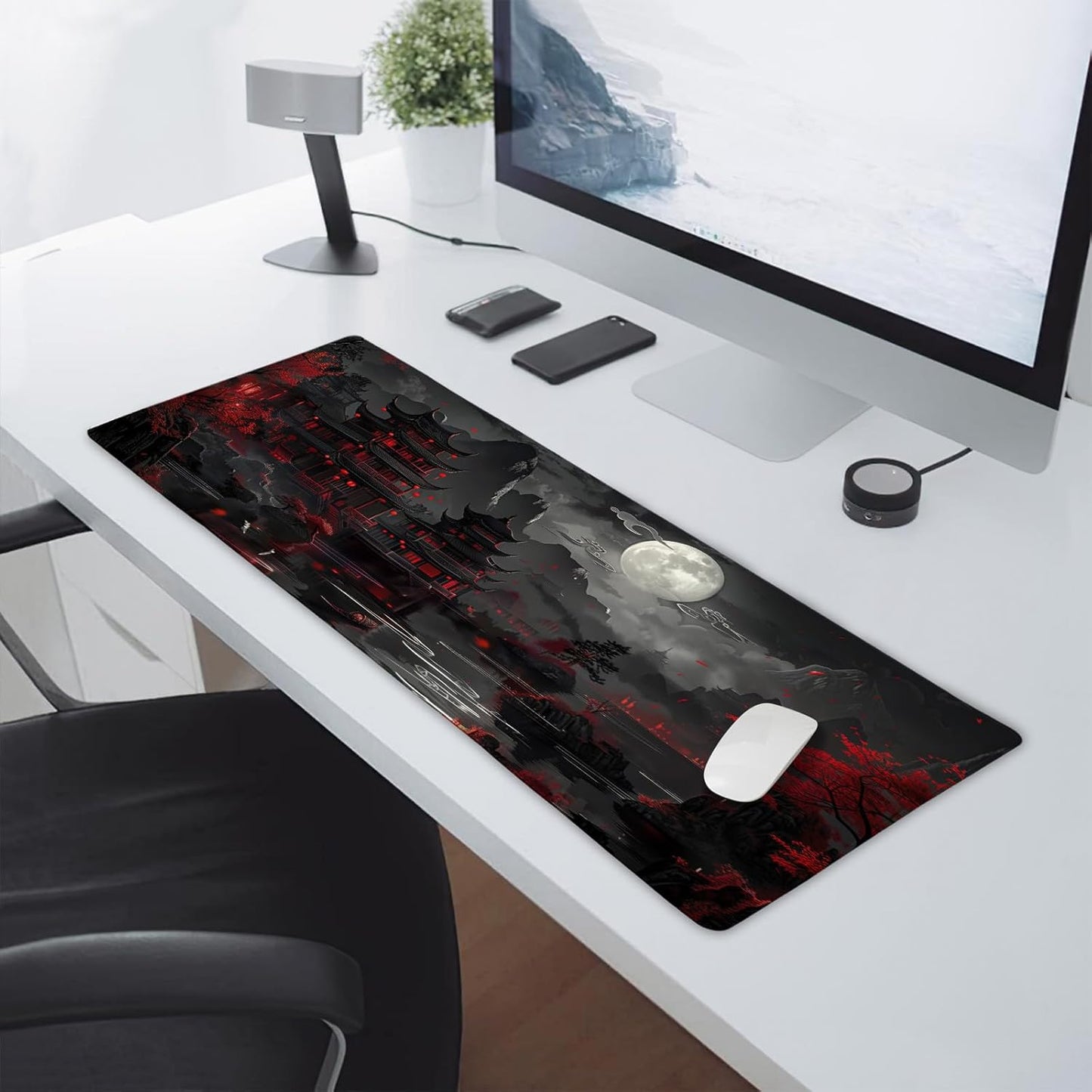 Full Moon Night Gaming Mouse Pad XLBlack Red Mountain Japanese Extended Large Mat Mousepad Desk Pad Non-Slip Rubber Base Stitched Edge Long Keyboard Pad for Computer,31.5×11.8 Inch