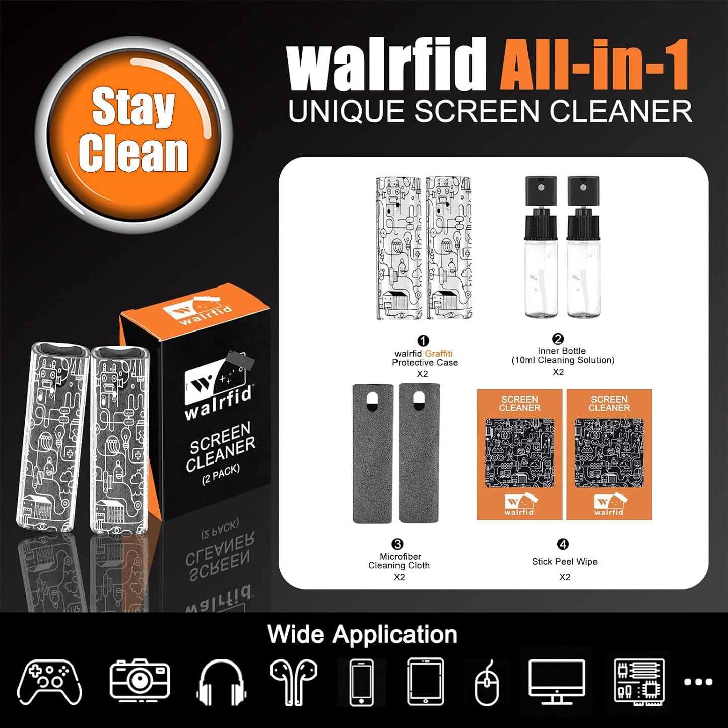 walrfid 2pcs Car Screen Cleaner, Computer Screen Cleaner Spray and Wipe, Laptop Cleaning Mist Kit for Electronic iPad, iPhone, Phone, MacBook, TV, Monitor, Tablet Display, with Graffiti Case, Grey