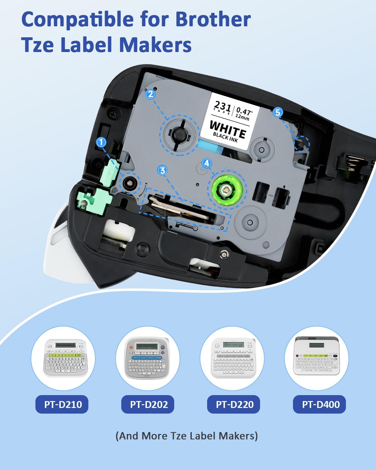 Tze Label Maker Refill Tz-231 Compatible for Brother Ptouch Tze-231 Tze231 12mm 0.47 Laminated White Tape 1/2 Inch Tz Tape for P Touch PT-D210 PT-H110 PT-D220 PT-D400 PT-H111 PT-D410, 4 Pack