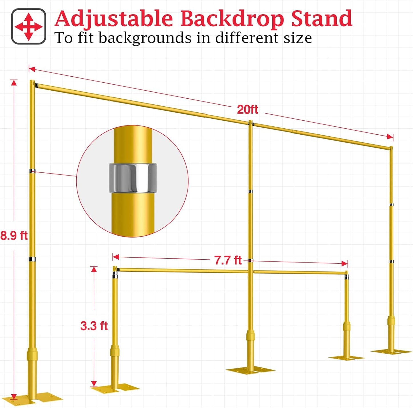EMART Backdrop Stand Heavy Duty 8.9ftx20ft, Adjustable Pipe and Drape Photo Background Support Kit, Metal Frame with Flat Base for Wedding Birthday Party Banquet Decorations-Gold