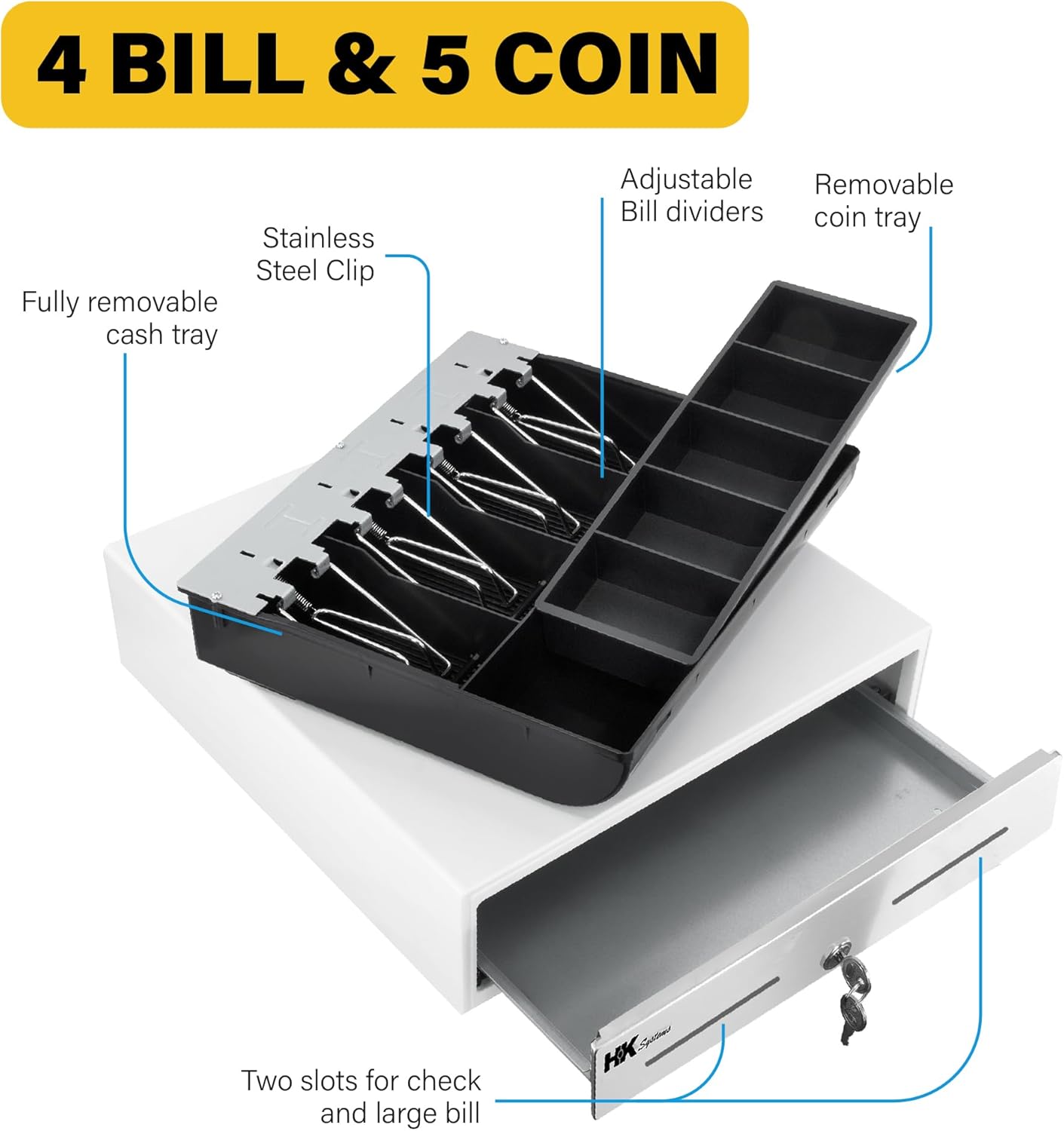 HK SYSTEMS 13inch "Stainless Steel" Front WHITE Heavy Duty POS Interface Cash Drawer with 4Bill/5Coin
