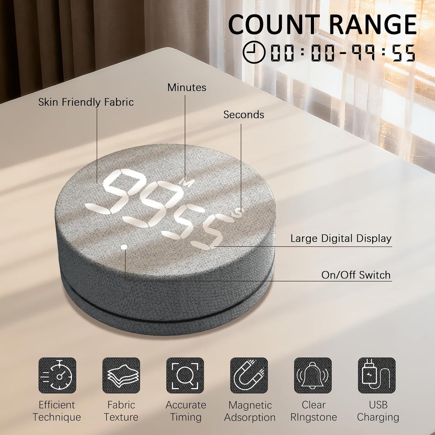 AVINIA Fabric Digital Kitchen Timer, Rechargeable with Large LED Display 0-99Mins, Magnetic Countdown Timers for Home Classroom Office Fitness Grey