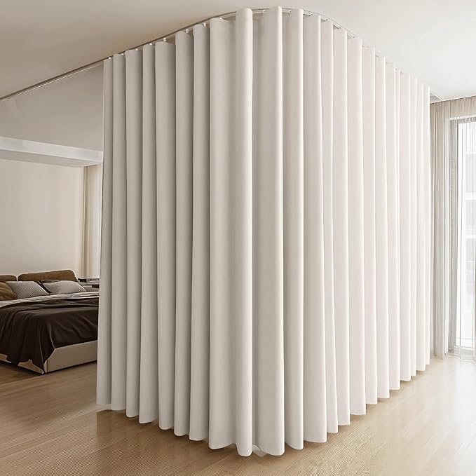 Room Divider Curtains & Flexible Bendable Tracks Set,Privacy Dividers Ceiling Track Curtain Window Blackout Curtains for Living Room Bedroom (W180 × H96 in 1 Panel Beige Drape & White Rail)