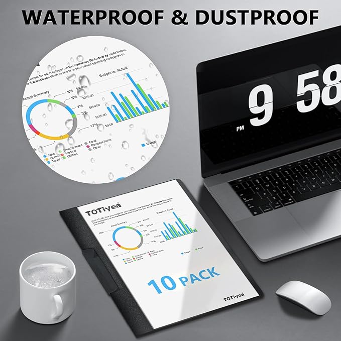 TOTiyea 10 Pack Clear Report Covers with Swing Clip, File Folder with Swing Clip, 30 Sheets Capacity, Slide Locking Report Covers, Letter Size (Black, 10 Pack)