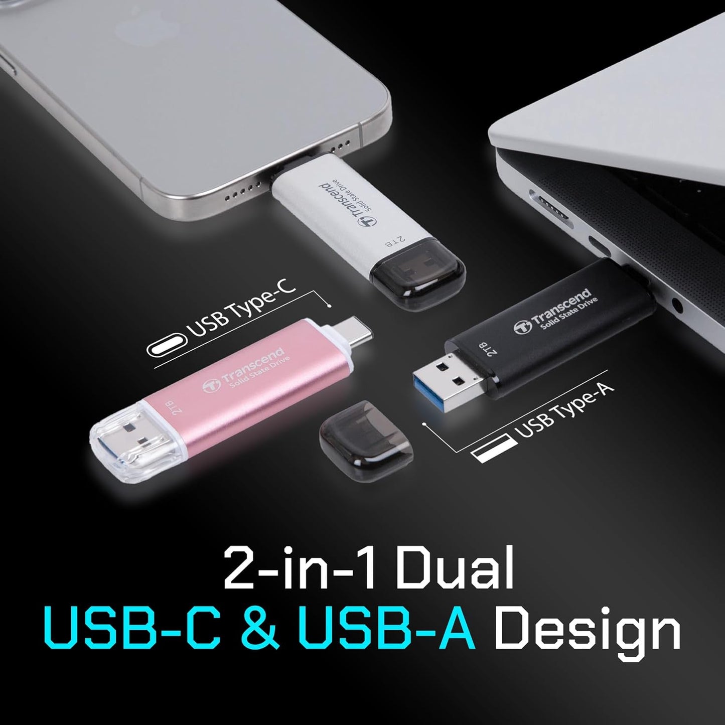 Transcend 1TB External SSD, Up to 1,050MB/s, Dual USB Hard Drive for Tesla, iPhone15,16&iPad&Mac, Steam Deck/ROG Ally/MSI Claw/Windows/Android/PS5/Smart TV, 2-in-1 Type C &A, USB 3.2 Gen2 Portable SSD