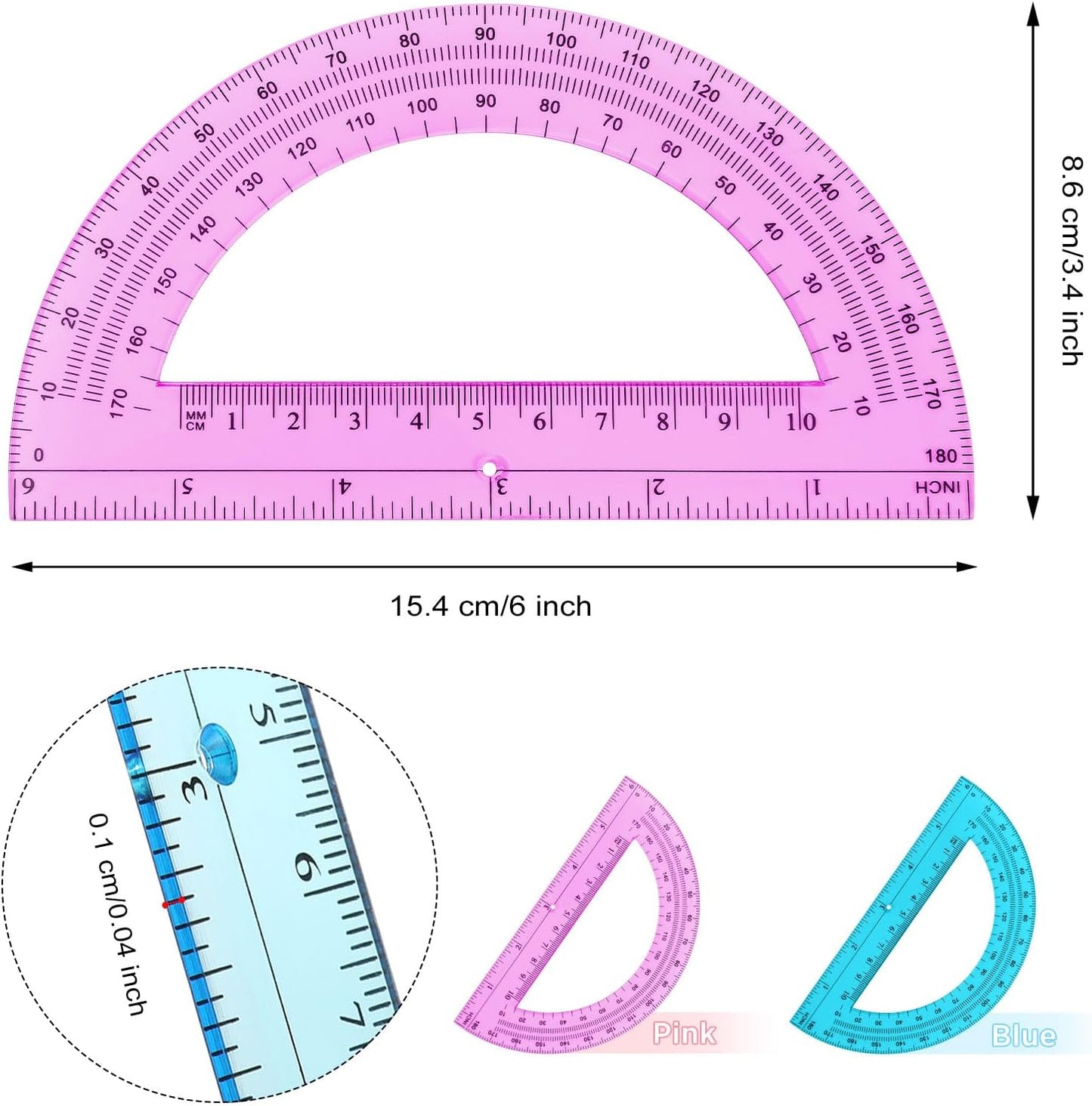 Zonon 2 Pcs 6 Inch Plastic Protractor Math Protractors 180 Degrees Angle Measurement, Translucent for Geometry Classroom Kid Student School Office Supplies(Pink, Blue)
