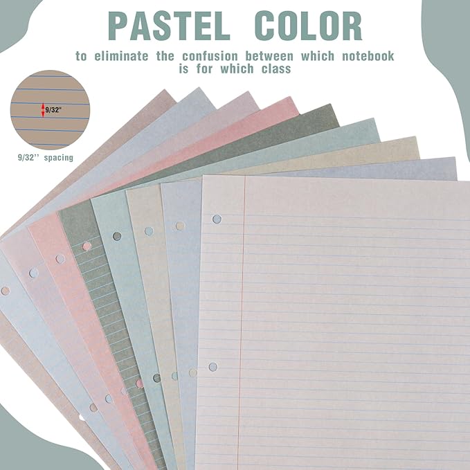 PerKoop 400 Sheets Colored Loose Leaf Paper 8.5" x 11" college ruled Lined 3 Hole Punched notebook Filler Paper for 3 Ring Binders Office School Supplies (Morandi Colors)