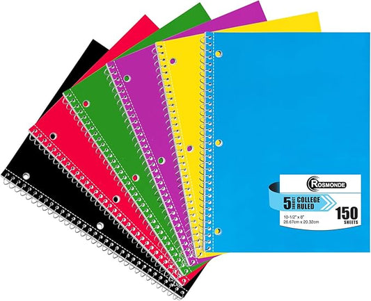 5 Subject Notebook College Ruled, 6 Value Pack, 300 Pages (150 Sheets), 8 x 10-1/2", 5 Subject College Ruled Spiral Notebooks for School & Office, Thick Paper Fights Ink Bleed, 3 Hole Punched
