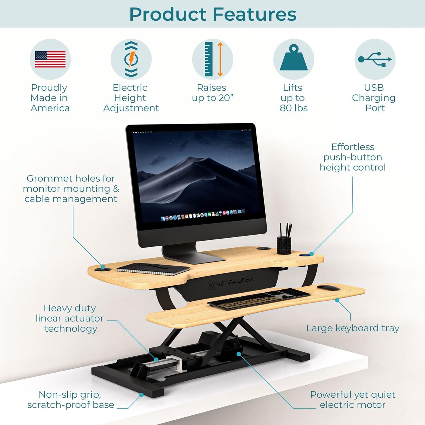 VERSADESK Electric Standing Desk Converter, 36 Inch PowerPro™ Height Adjustable Sit Stand Desktop Riser with Keyboard Tray, Built-in USB Charging Port, Holds 80 lbs, Push-Button Switch, Maple