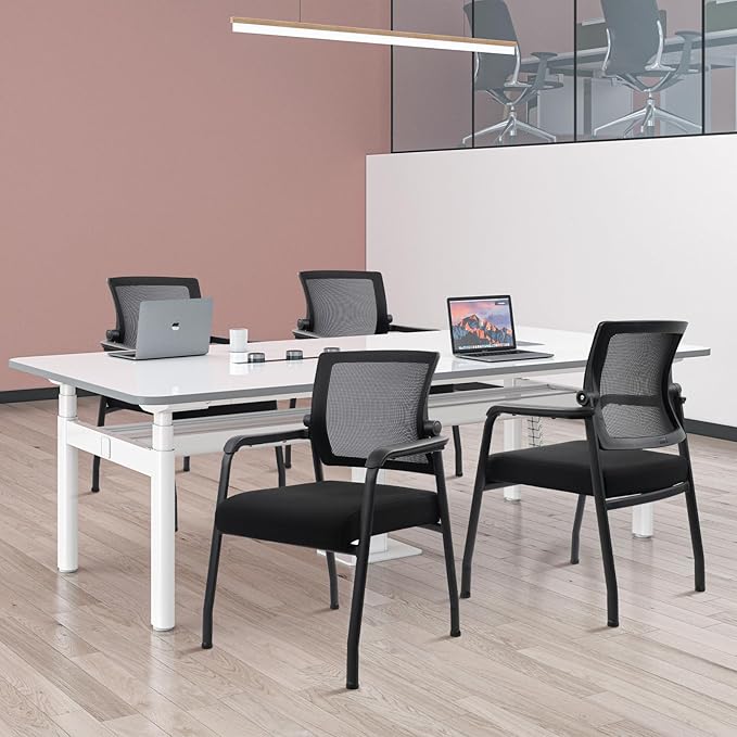 Desk Chair No Wheels with Adjustable Mesh Backrest, Arm Chair with Ergonomic Lumbar Support and Thickened Seats Cushion, Waiting Room Chairs for Office School Church Guest Reception, 2PACK