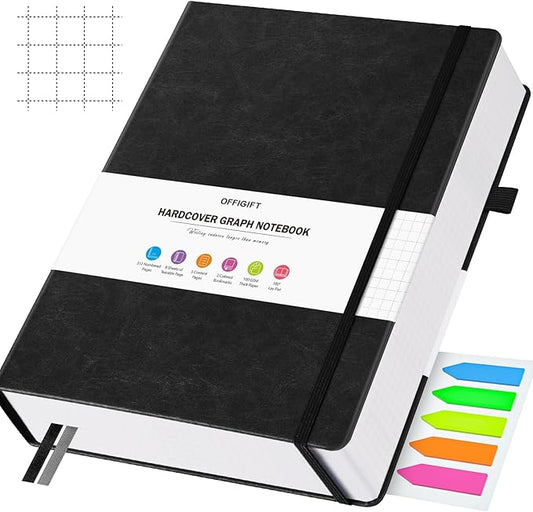 Graph Paper Notebook, 312 Numbered Pages B5 Hardcover Leather Journal, 100gsm No Bleed Grid Paper Notebook with Index Pages, Grid Notebook for Graphing Notes Math, 7.6'' X 10'', Black