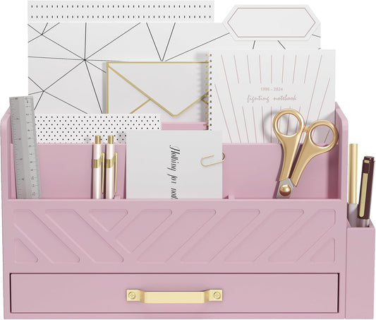 Bamboo Desk Organizer Mail Holder Countertop Wood Desk Drawer Tabletop Storage Box Pen Holder Letter Sorter Makeup Organizer for School Home Office Supplies with Pen Holder Pink