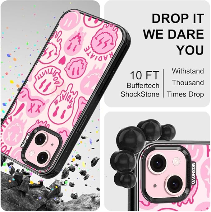 MOSNOVO Case for iPhone 15 Plus, [10ft 4X Military-Grade Drop Protection] Durable & Shockproof Phone Case Cover Design for iPhone 15 Plus / 14 Plus - Pink Dripping Smiles - Clear Black