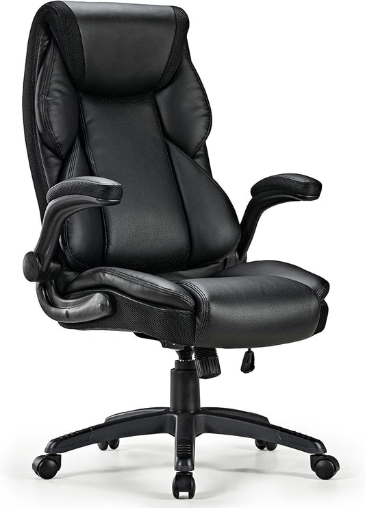 EUREKA ERGONOMIC PU Leather Desk Chair Office Executive Chair, Ergonomic Office Chair Flip Up Arms, High Back Office Chair with Headrest, Home Office Desk Chair with Wheels, Computer Chairs for Adults