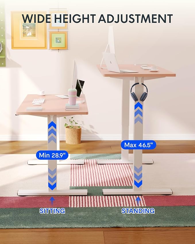 FLEXISPOT EN1 One-Piece Standing Desk, 48 x 24 Inches Electric Height Adjustable Desk for Home Office (White Frame + Pink Desktop)