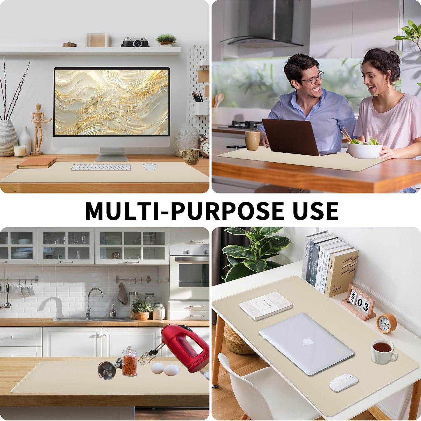 Beige Desk Mat with Stitched Edges, 31.5"×15.7" Keyboard Pad, Non-Slip Desk Protector Mat, Leather Desk Blotter, Waterproof Desk Pad for Office Home Decor