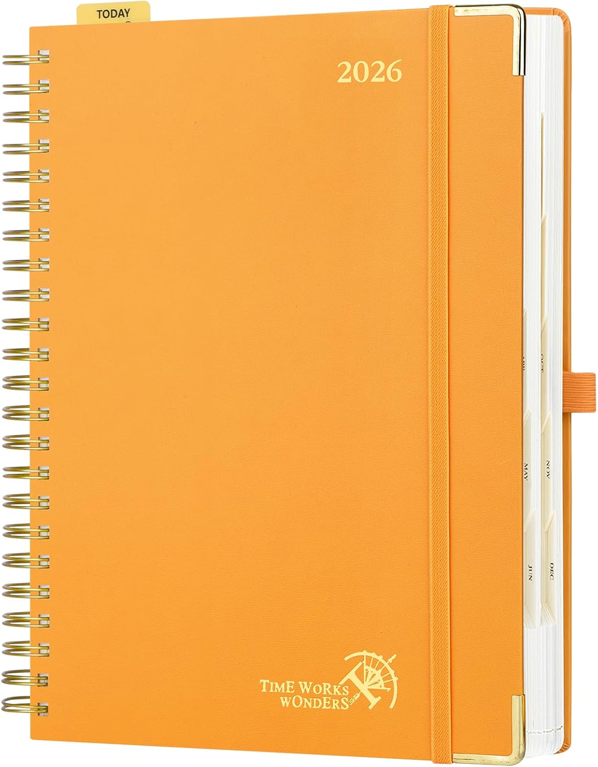 POPRUN 2026 Daily Planner One Page A Day - [A4 Large Size 8.5" x 12" -Spiral Hard Cover], Agenda 2026 Hourly Appointment Book with Monthly Calendar, Pen Holder, Ivory Paper - Orange