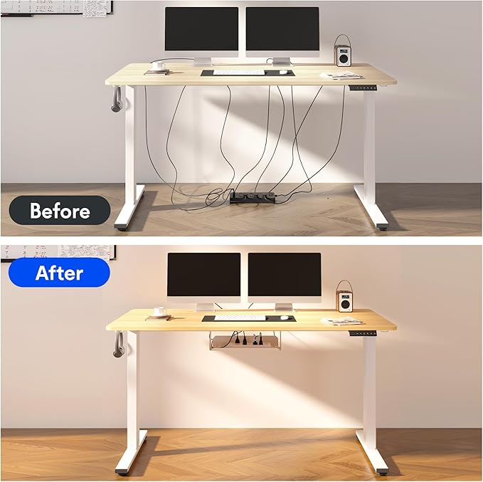 FLEXISPOT EN2 Whole-Piece Standing Desk with Clamp Power Strip, 60 x 24 Electric Stand Up Height Adjustable Desk with Cable Management (White Frame + 60" Maple Top, 2 Packages)
