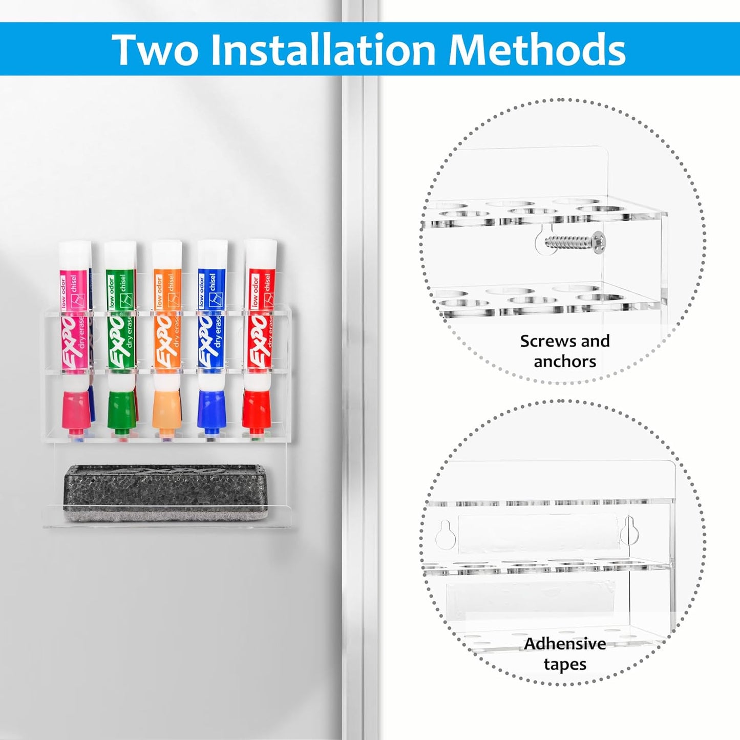 Dry Erase Marker Holder, 2 PCS Wall Mounted Acrylic Marker Holder with 10 Slots, Sticky Pen Storage for Classroom Organization, Whiteboard, Office, Clear