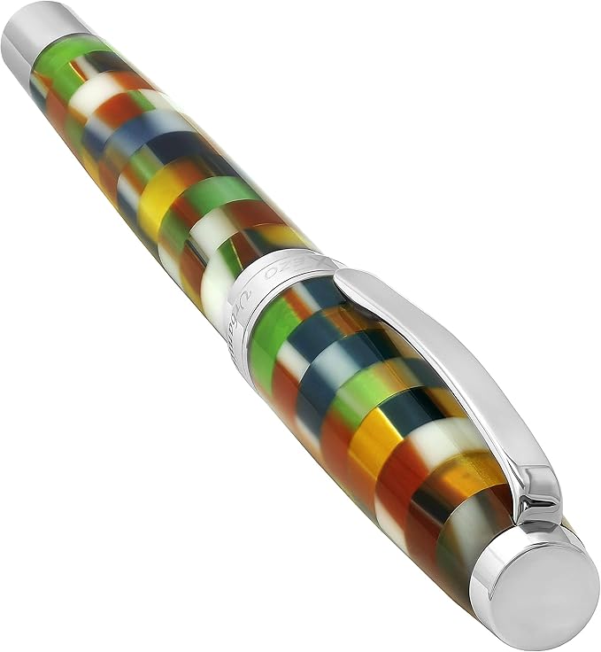 Xezo Urbanite II Fountain Pen, Fine Nib. Jazzy Multicolor Checkered Acrylic on Brass. Chrome Plated. Handcrafted, Limited Edition, Serialized