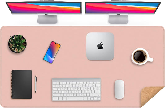 Leather Desk pad Protector, Large Desk mat with Natural Cork & PU Leather,Mouse pad,Non-Slip Office Desk Mat,Waterproof Desk Writing Pad for Office and Home (47in*23.7in, Pink)