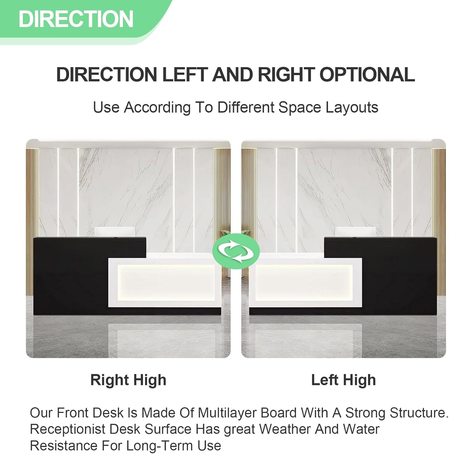 Modern Reception Desk with Counter and Drawer Office Front Desk with Cabinet Wooden Commercial Reception Table Checkout Counter for Retail Salon Lobby Black and White Right 71inch/180cm