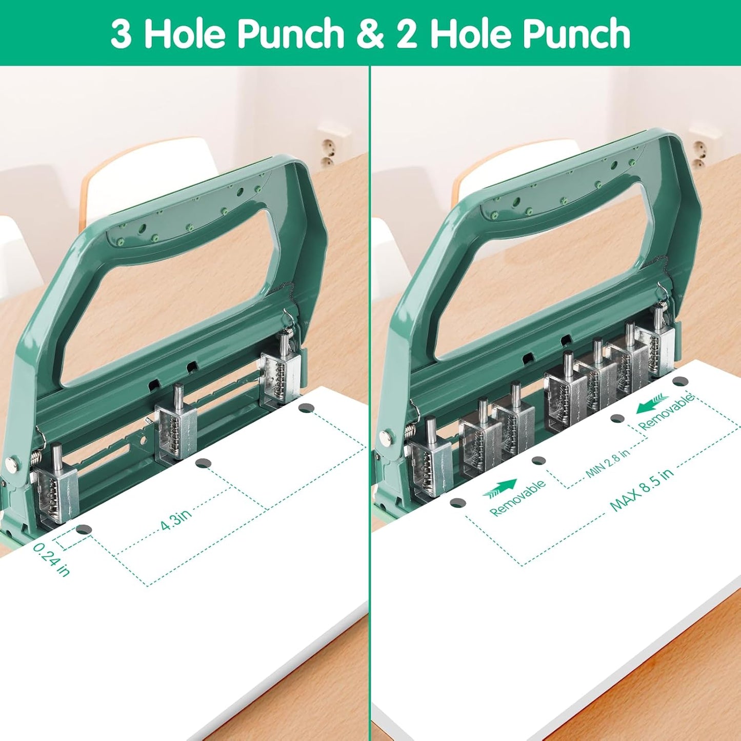 AFMAT Heavy Duty 3 Hole Punch, 50-Sheet, 50% Reduced Effort, Adjustable Two & Three Hole Punch, Metal Paper Puncher w/Large Chip Tray, Metal Paper Guide, Green