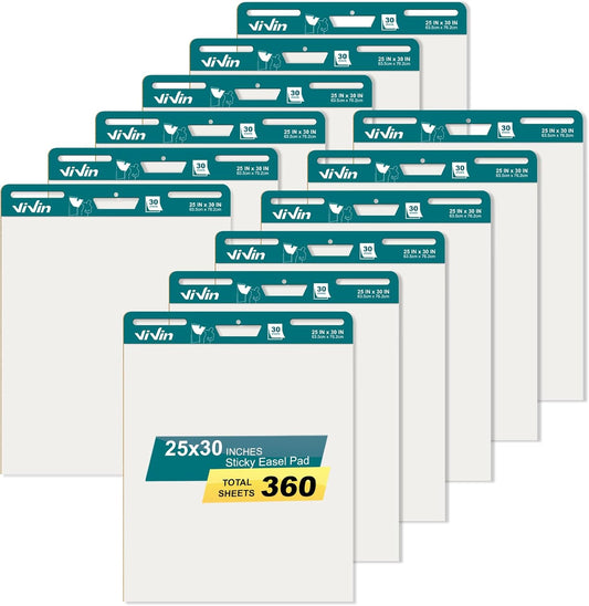 ViVin Super Sticky Easel Pad, 25 x 30 Inches Flip Chart Paper for Teachers, Large Self Stick Easel Paper, Teacher Anchor Chart, 30 Sheets/Pad, 12 Pads/Pack